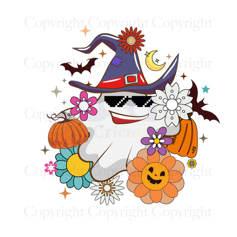 Halloween Floral Ghost PNG, Funny Ghost, Funny Halloween Sublimation, Groovy Flowers, Cute Ghost, Smile Face Pumpkin, Fall png, Retro Halloween Shirt png Design